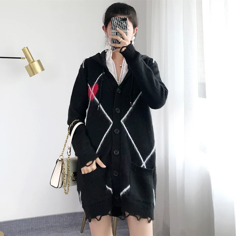 Women Cardigan Hooded Plus Size Heart Jacquard Button Pockets Sweater Coat Mohair Loose Lingge Shrug Knitted Top Long Sleeve