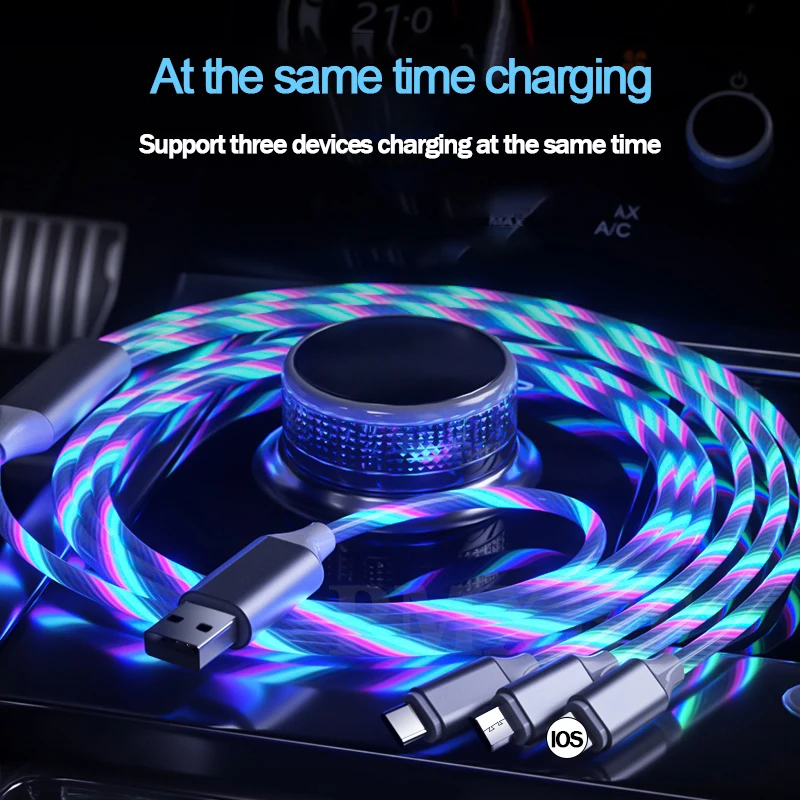 3 в 1 мобильный телефон USB кабель для iPhone Micro usb type C зарядный кабель для Xiaomi samsung Быстрая зарядка светодиодный плавный свет