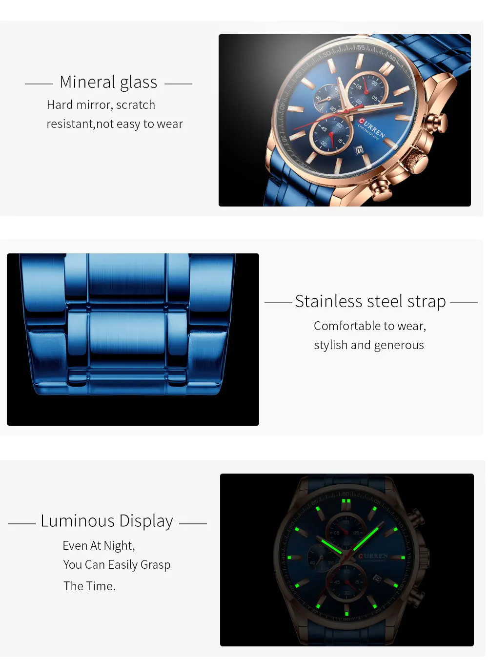 CURREN новые мужские часы с хронографом с датой Лидирующий бренд большие спортивные кварцевые часы мужские синие полностью стальные мужские