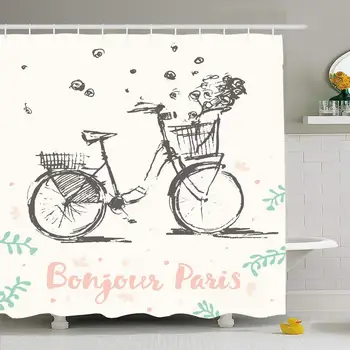 

Shower Curtain Set with Hooks 66x72 Hand Drawn Europe Cute Love Tourism Vintage Bicycle Invitation Flying Doodle Parks indoor