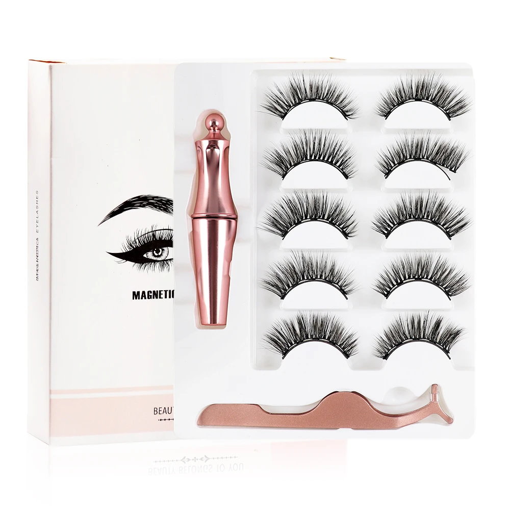 

5 Pairs Eye Lashes Set Magnetic 3D False Mink Eyelashes Magnet Extension Liquid Eyeliner & Tweezer Set Waterproof Long Lasting