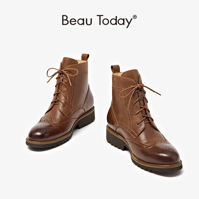 

BeauToday Leather Ankle Boots Women Cowhide Brogue Round Toe Lace-Up Retro Lady Shoes Handmade 03263