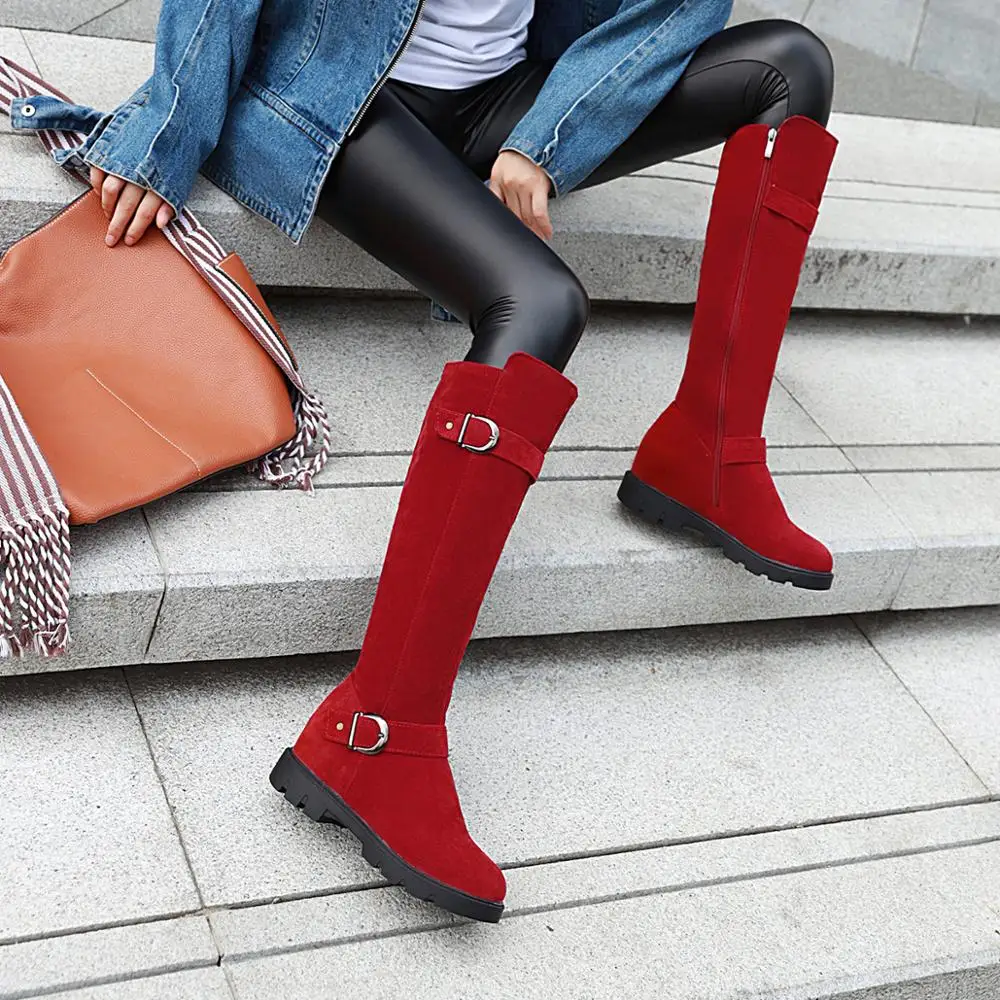 Зимние теплые сапоги до колена на меху; женские зимние сапоги; женская обувь на высоком каблуке с боковой молнией; цвет черный, коричневый, красный; большие размеры; k1003
