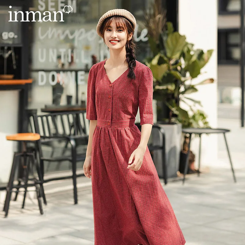 

INMAN 2020 Spring New Arrival Literary V-neck Single-breasted Plaid Medium Sleeve Long Dress