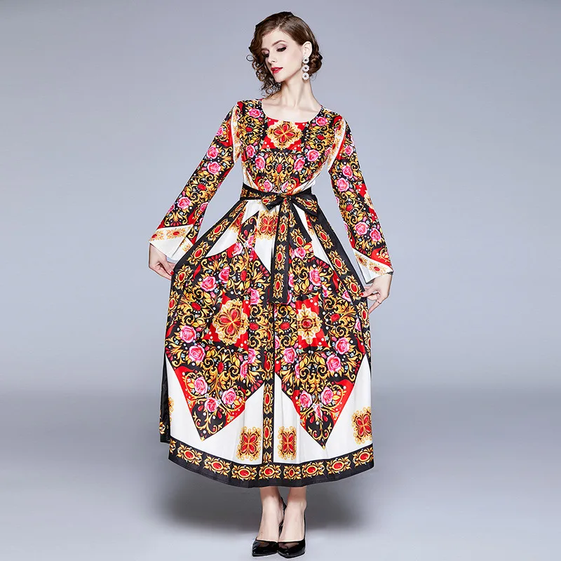 

Photo Shoot Europe And America Totem Retro Positioning Printed Long Sleeve Waist Hugging Lace-up Swinging Skirt Dress