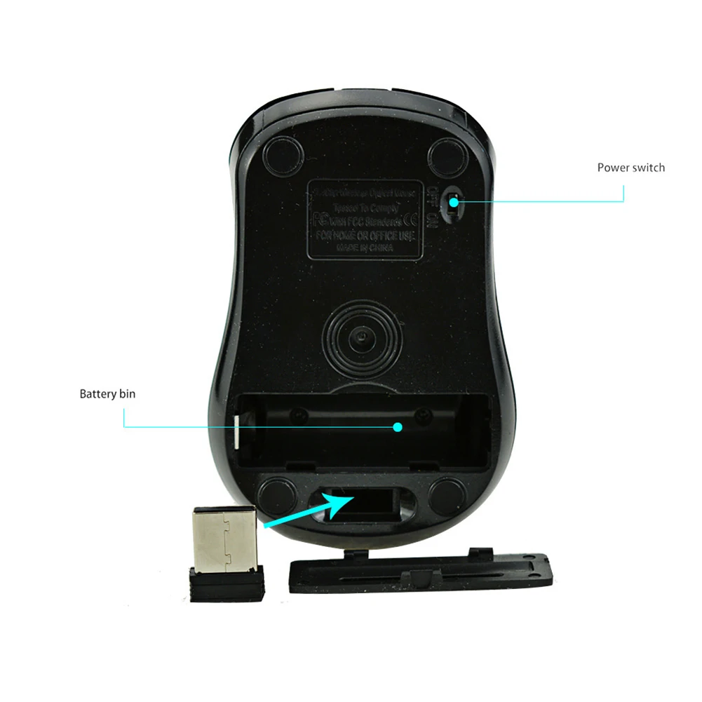 Mute 2.4GHz Wireless 1000DPI 2 Keys Optical Mouse USB Receiver for PC Laptop