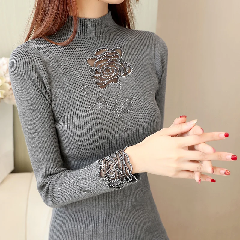 

Patchwork Feminino Hollow Out Lace Turtleneck Knitted Sweater Pullover Slim Solid Pull Femme Jumper Women Autumn Winter 2019 New