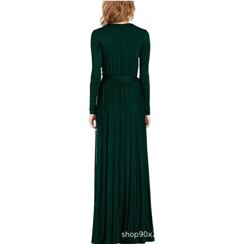 2021 spring and summer black dark green long sleeve V-neck solid sexy lace up patchwork temperament commuter elastic waist dress