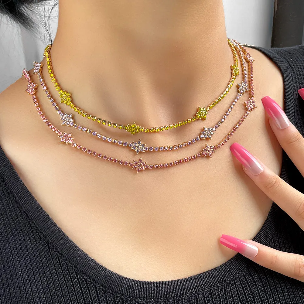Boho Shiny Flower Crystal Tennis Chain Necklaces For Women Iced Out Rhinestone Clavicle Chokers Fashion Jewelry Gifts | Украшения и