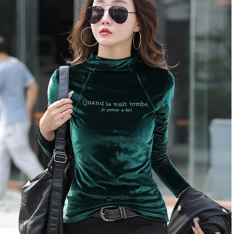 Camiseta de manga larga para mujer, camisa básica ajustada con letras de terciopelo, sólido, cálida, otoño e invierno, #0321|Camisetas| - AliExpress