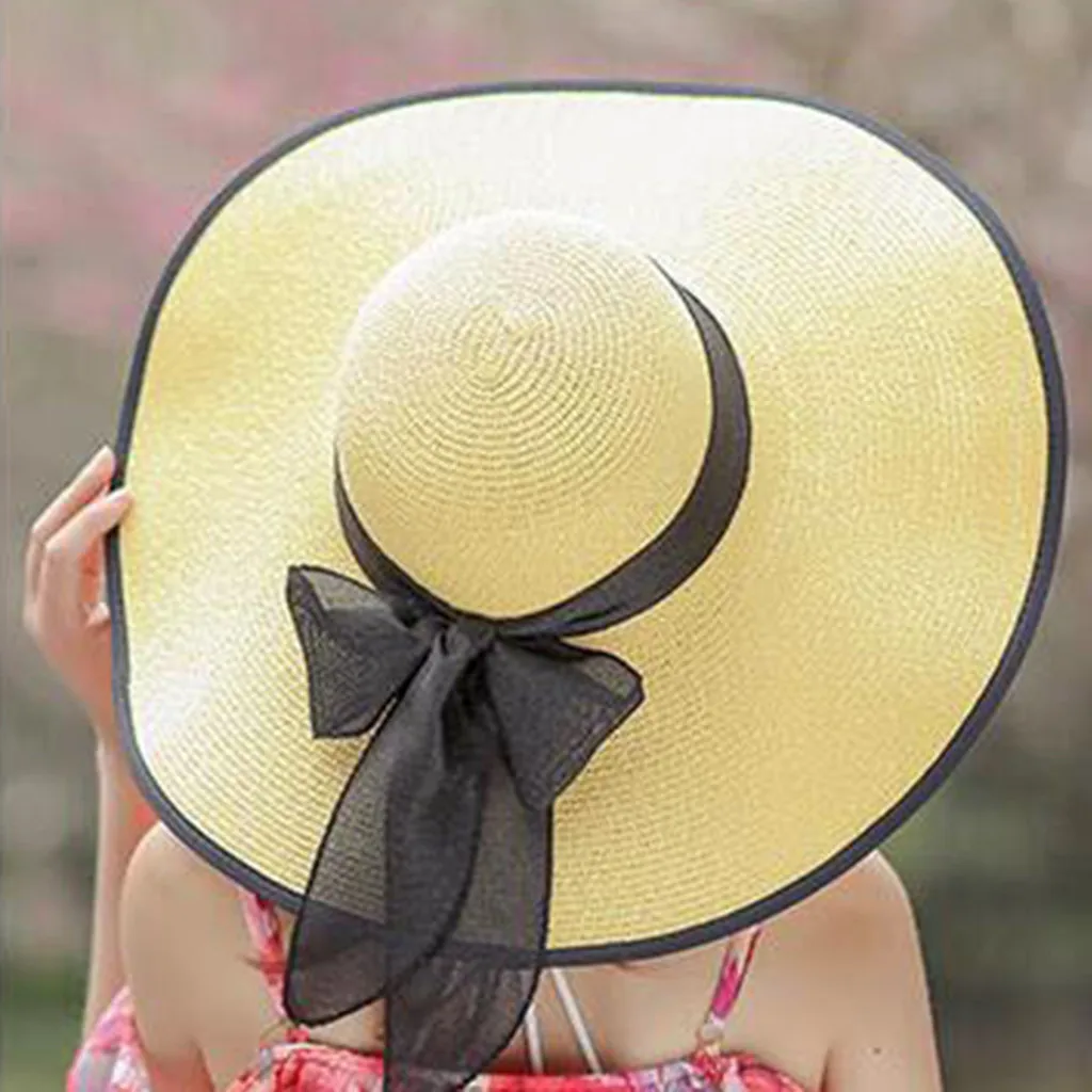 Женская соломенная шляпа с большими полями, широкополая шляпа от солнца, однотонная новая складная пляжная кепка с бантом, летняя модная повседневная Кепка для путешествий, женская кепка# YL10