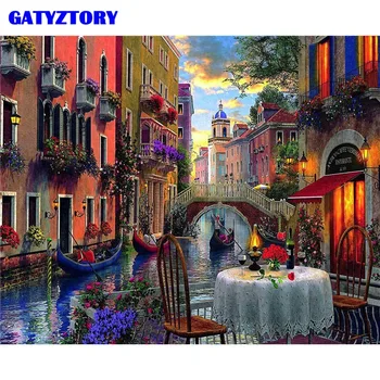 

GATYZTORY Canvas Painting By Number Venice Candlelight Dinner DIY Frame Oil Painting Landscape Wall Art Picture By Number