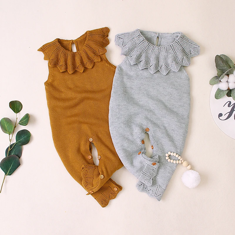 Детская одежда осень Вязаная одежда для малышей с рюшами для маленьких девочек Комбинезон шерстяное пальто принцессы, комбинезон для