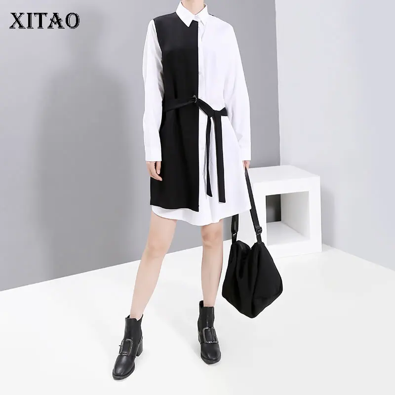 

XITAO Patchwork Hit Color Black White Dress Women Clothes 2019 Fashion Sashes Irregular Elegant Dress Full Sleeve New GCC1237