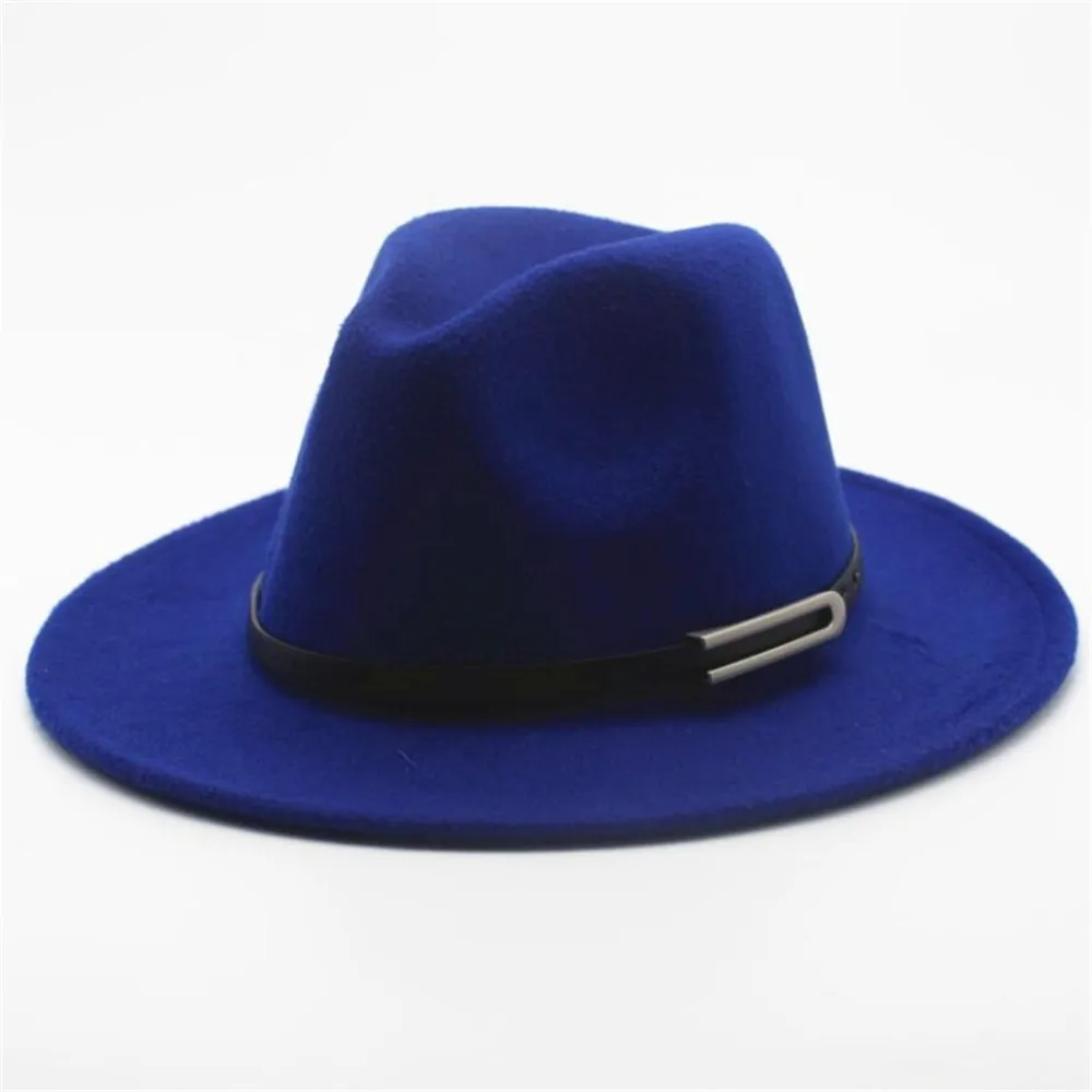 Новая модная мужская женская шляпа-федора с поясом широкая шляпа из шерсти мягкая фетровая шляпа Поп джаз шляпа размер 56-58 см - Цвет: Blue