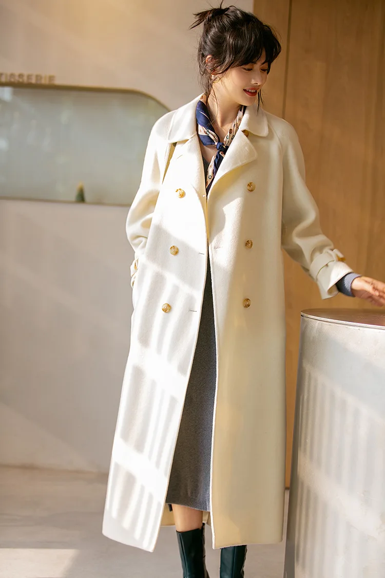 Белое шерстяное пальто для женщин, зимнее длинное пальто, двубортное Женское пальто, дизайнерские пальто больших размеров с поясом, роскошное шерстяное пальто casaco