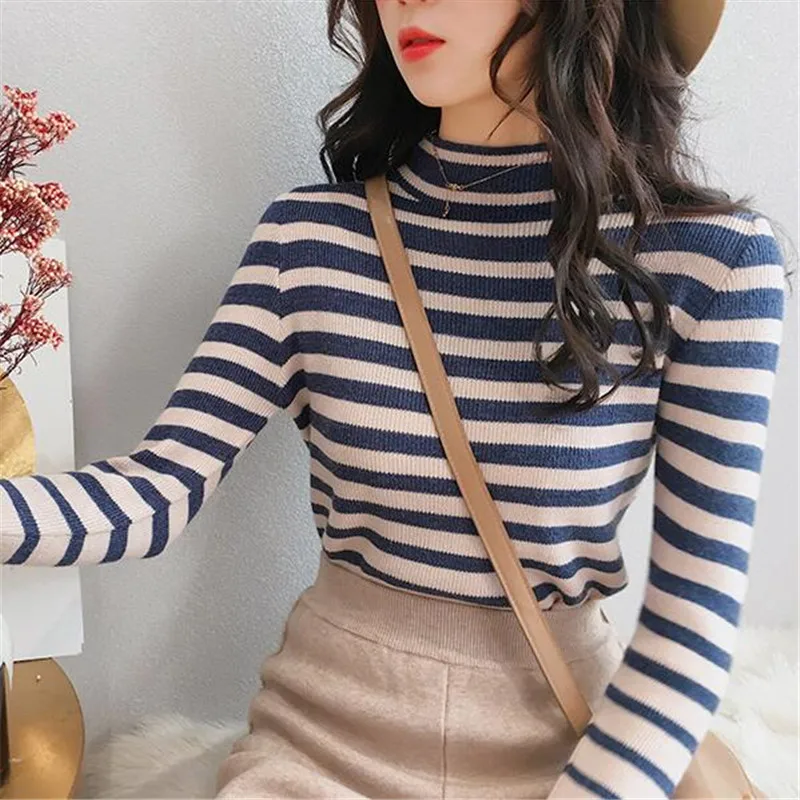 

Half-high collar round neck sweater female striped shirt long-sleeved 2019 new autumn and winter inside the bottom knitting