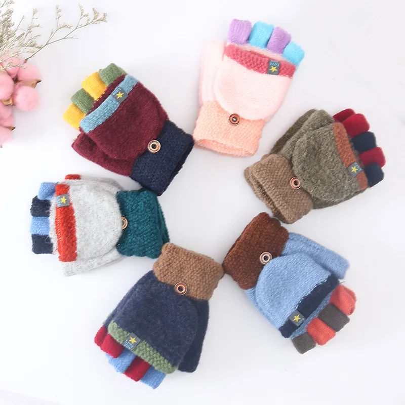 5-12 Year Old Children's Winter Acrylic Thick Knit Warm Half Finger Flip Mittens Cartoon Dog Touch Screen Writing Gloves C94