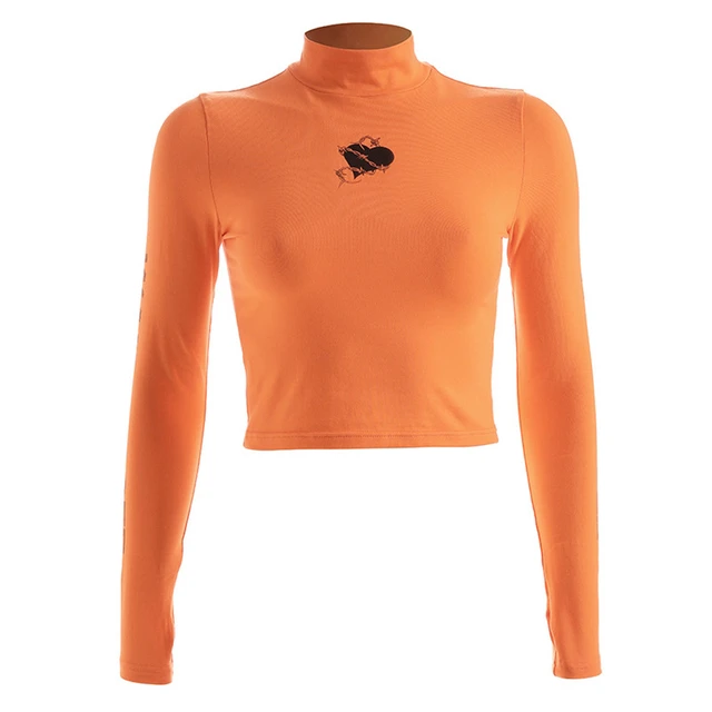 Sweat à col roulé orange pour femme, pull court slim, haut court, serré, printemps-automne, nouveauté