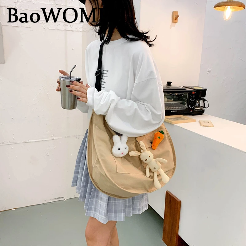 

BaoWomen Autumn Preppy Style Crossbody Bag Cute Rabbit Embroidered Shoulder Bag Suitable For Teenage Girls Book Bag Feminina