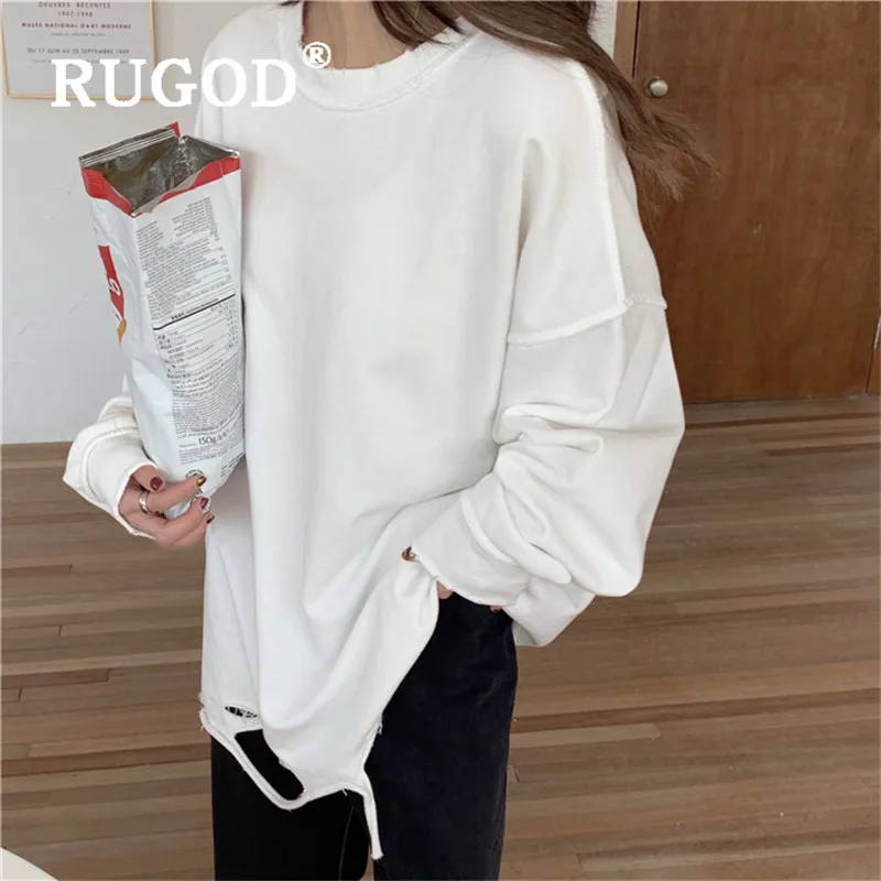  RUGOD new arrival sweatshirt women fashion frayed fringe o neck long sleeve pullover casual lazy st