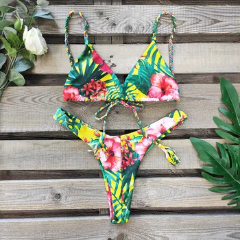 

Thong Bikini 2020 String Swimsuit Print Swimwear Women Sexy Bikinis Cross Swim Wear Brazilian Bikini Set Bathing Suit Beachwear