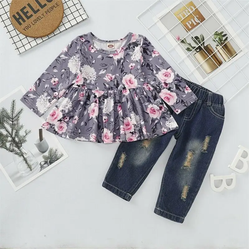 Осенне-осеннее платье с цветочным рисунком топы и штаны Одежда для маленьких девочек весенний комплект из 2 предметов