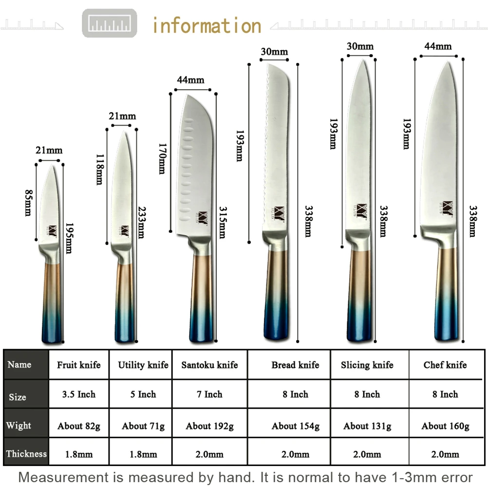 XYj набор кухонных ножей градиентный цвет ручка из нержавеющей стали нож шеф-повара 8 ''Держатель ножей Бесплатные крышки точилка барные инструменты