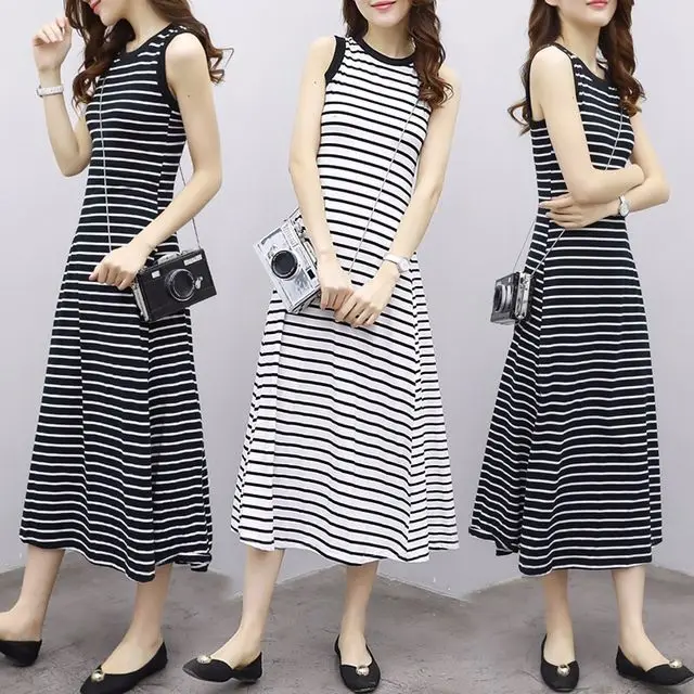 

2018 New Style Korean-style Elegant Slimming Striped Dress Women's Summer Retro Simple Sleeveless Sundress A- line Long Skirts