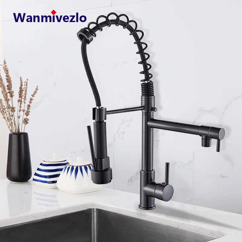 gold kitchen faucet Black Spring Kitchen Faucet Pull out Side Sprayer Dual Spout Tap Deck Mount Kitchen Mixer Tap Kitchen Cold Hot Water tap Crane vintage kitchen sink