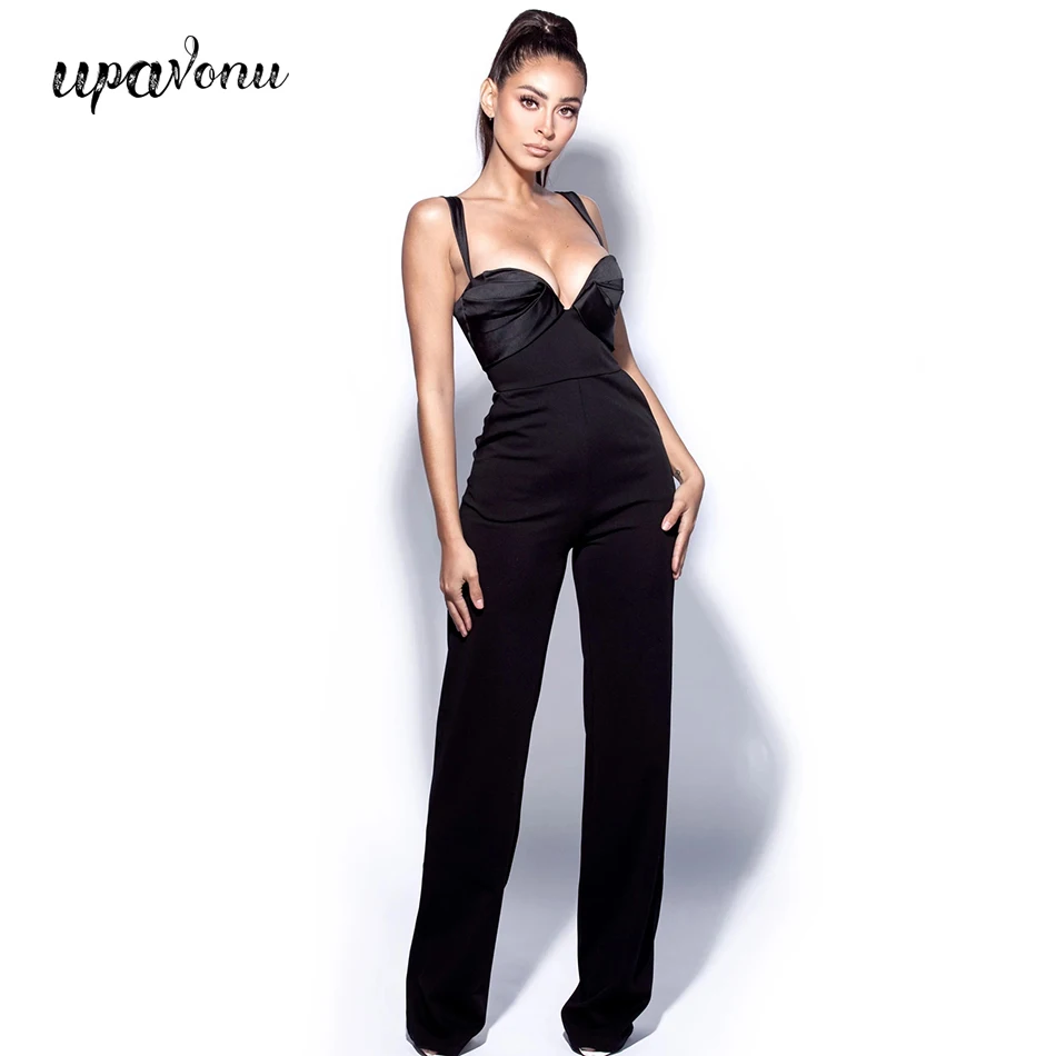 

Free Shipping Women Black Sling Jumpsuit 2021 Summer New V-neck Sleeveless Slim Straight Jumpsuit Celebrity Club Party Jumpsuit