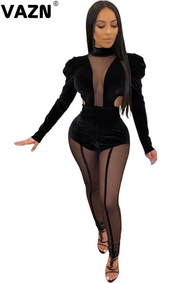 Черный VAZN Hot Suede Lace Patchwork Hollow Out Open See Through Sexy Club Solid Women High Waist Elastic Long Pencil Jumpsuits - Цвет: Черный