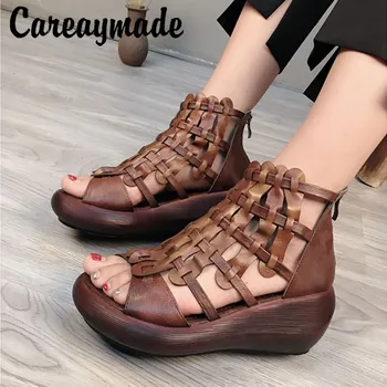 

Careaymade-Casual women's thick soled sandals original hand-made fall grain color wedge heel waterproof platform zipper sandals