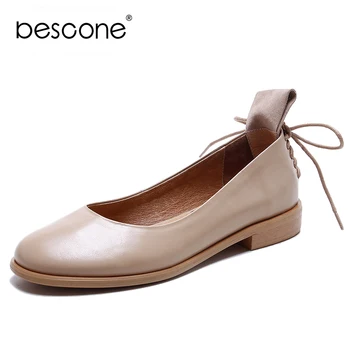 

BESCONE New Fashion Women Flats Concise Round Toe Cross-Tied Decoration High Quality Cow Leather Shoes Western Style Flats BO551