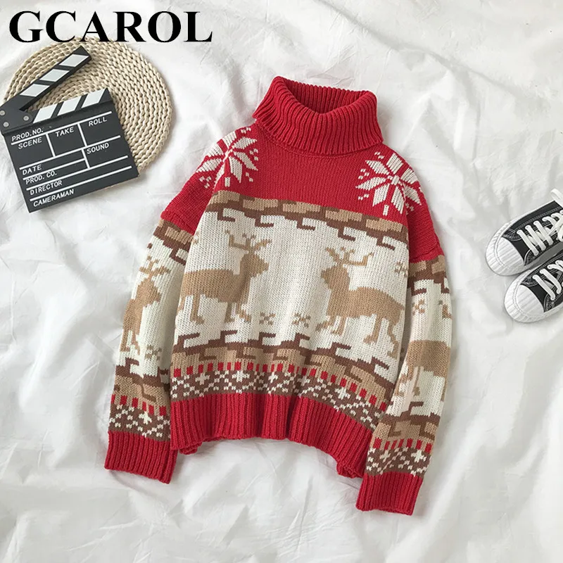 Красный GCAROL, новинка, зима, большой размер, Рождественский свитер с лосем, с заниженным плечом, Короткий трикотажный джемпер, плотная одежда, трикотажный пуловер - Цвет: Красный