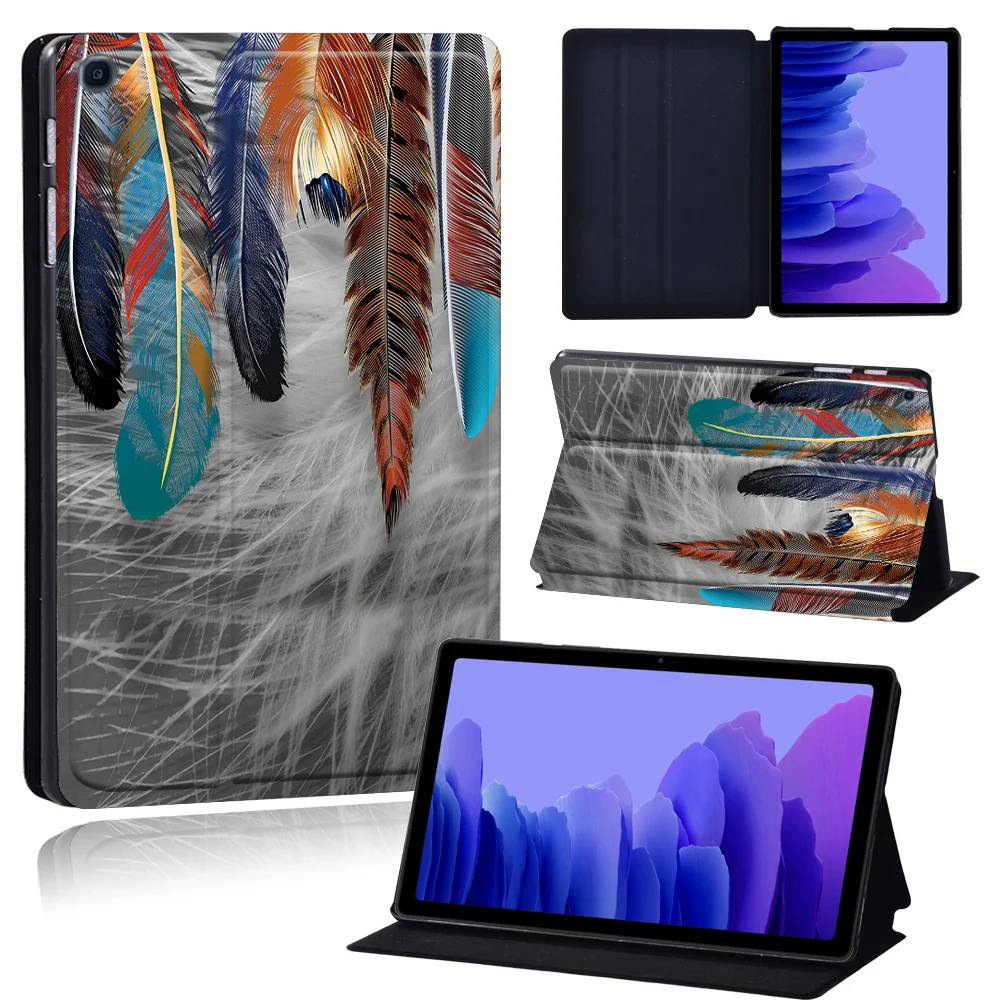 Tablets Case for Samsung Galaxy Tab A7 10.4 Inch 2020 T500/T505 Printed Feather PU Leather Tablet Stand folio Cover+ Free Stylus