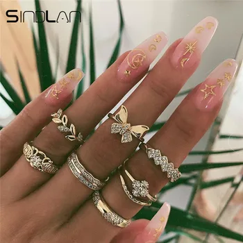 

Sindlan 7PCs Gold Crystal Leaf Butterfly Rings for Women Vintage Fashion Luxury Boho Charm Statement Rings Set Finger Jewelry