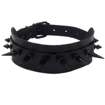 

Spike Rivet Black Leather Choker Collar Chain Necklace Women Studded Punk Chocker Necklaces Gothic Jewelry chunky necklace