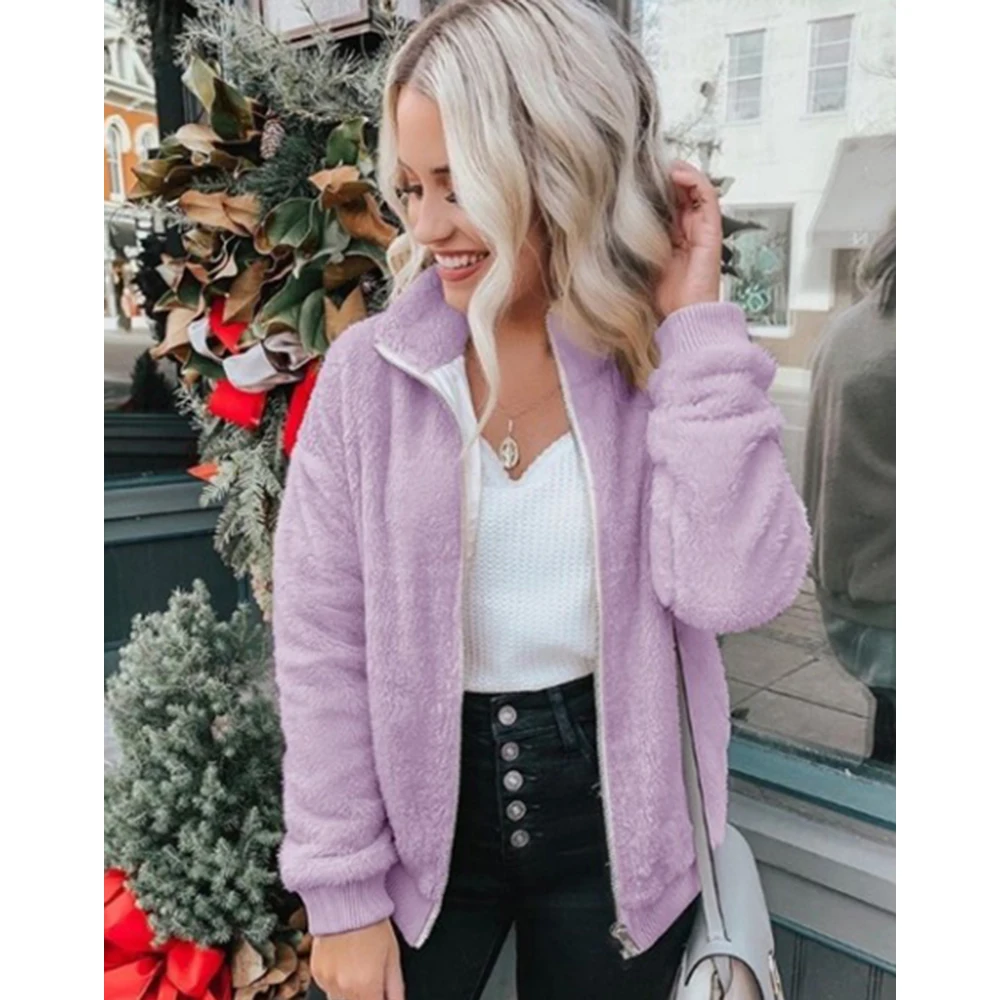 remarkable  2019 New Plush Coat Female Long-sleeved Collar Coat Winter Wild Zipper Ladies Thick Fleece Short Co