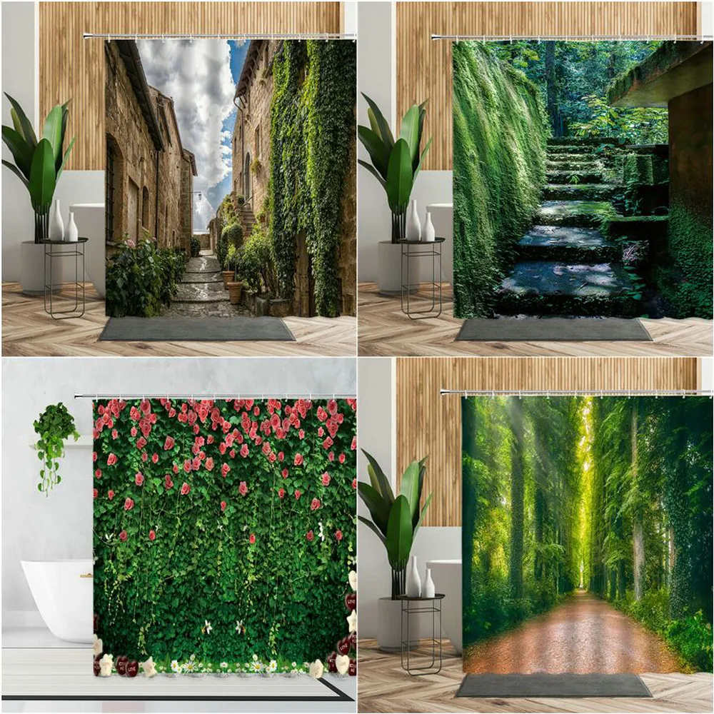 

Green Forest Steps Landscape Shower Curtains Retro Town Scenery Flowers Plant Bathroom Accessories Waterproof Bath Curtain Set