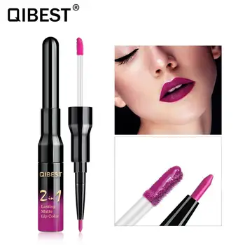 

QIBEST Double-ended lip gloss pencil 2 step lips liquid lipstick &liner Matte non-stick liquid lipsticks