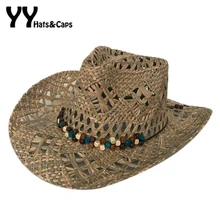 YY полые Летние Соломенная Панама для мужчин с широкими полями Западная шляпа с МЕХОВОЙ окантовкой ручной работы Квадратные бусины джаз шляпа дышащая пляжная Панама CM19018