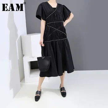 

[EAM] Women Black Pleated Rivet Split Joitn Long Dress New V-Neck Short Sleeve Loose Fit Fashion Tide Spring Summer 2020 1U119