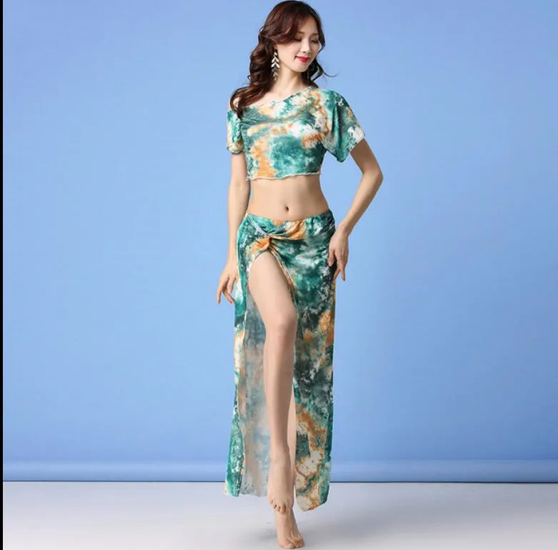 Серебряный сетчатый сексуальный прозрачный женский костюм для танца живота, 2 предмета, длинная юбка для танцев, тренировочная одежда для командного танца, одежда для восточных танцев - Цвет: Green