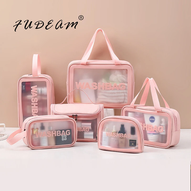 FUDEAM-neceser transparente de PVC para mujer, bolsa de almacenamiento de artículos de tocador de viaje, resistente al agua, organizador de maquillaje de PU, bolso de lavado femenino