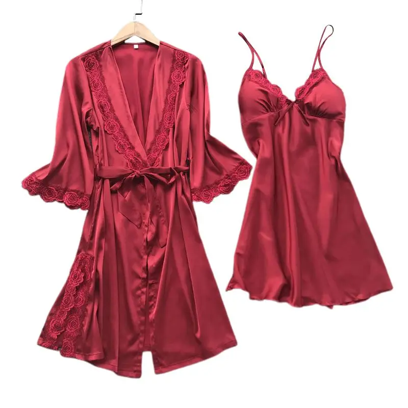 Женское соблазнительное кимоно из искусственного шелка, ночная рубашка, комплект из 2 предметов для сна, однотонная Пижама, пэтчворк с цветочным кружевом, ночная сорочка - Цвет: Красный