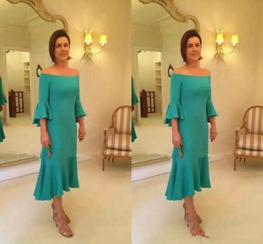 

Simple Off Shoulder Mother Of The Bride Dresses With 3/4 Long Sleeve Tea-Length Short Mother Dresses Formal Evening Prom gown