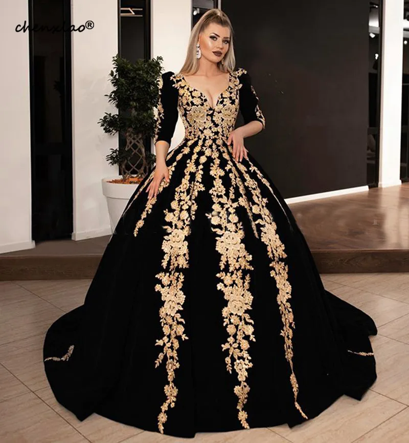 Длинные вечерние платья великолепное бальное платье 34 с длинным рукавом v-образным вырезом арабское Золотое кружевное бархатное Черное женское вечернее платье - Цвет: Same as image