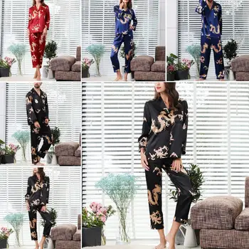 

Men Women Imitation Silk Dragon Print Shirt Pants Couple Sleepwear Pajama Set