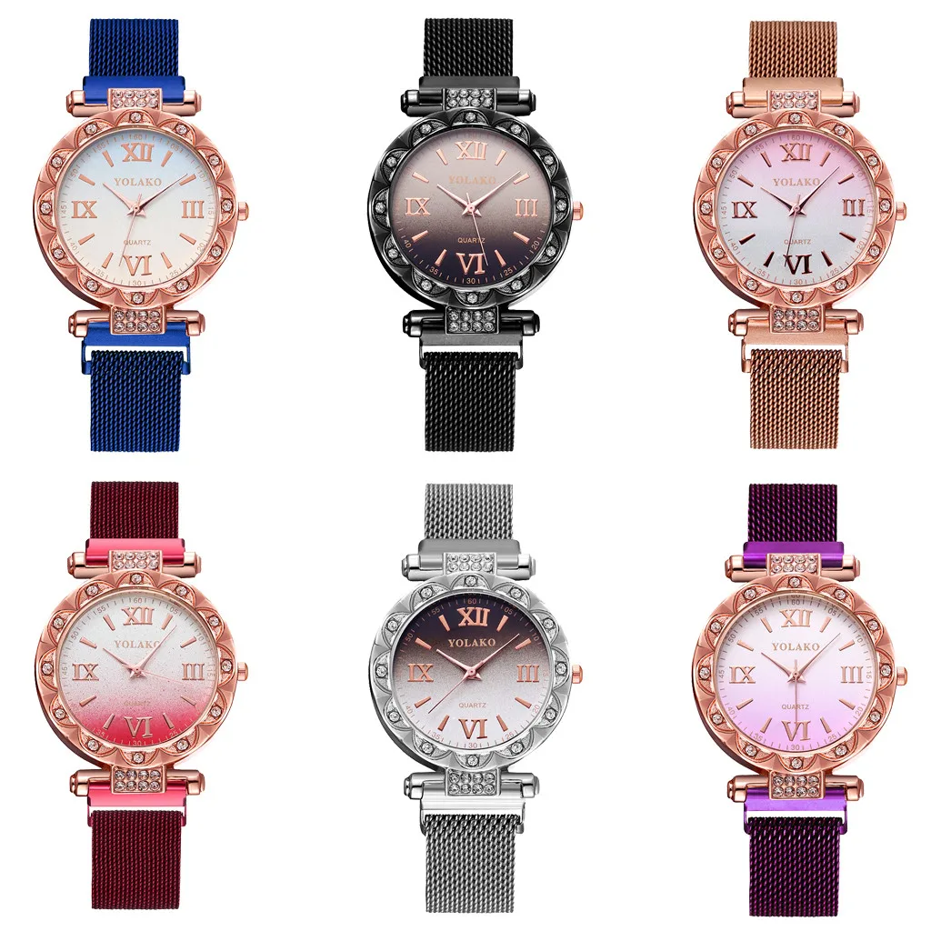 Женские кварцевые часы из нержавеющей стали, женские с магнитом, пряжка, градиентные часы с циферблатом, звездное небо, аналоговые наручные часы в подарок#918